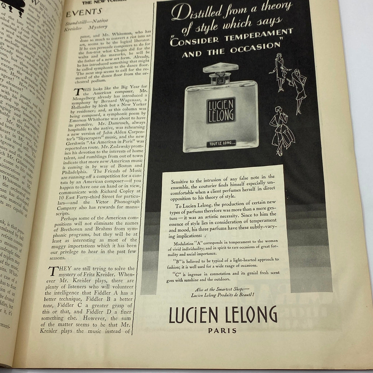 Interior page of The New Yorker Complete Magazine October 20, 1928, showcasing an advertisement for Lucien Lelong perfume with elegant design elements and stylized figures.