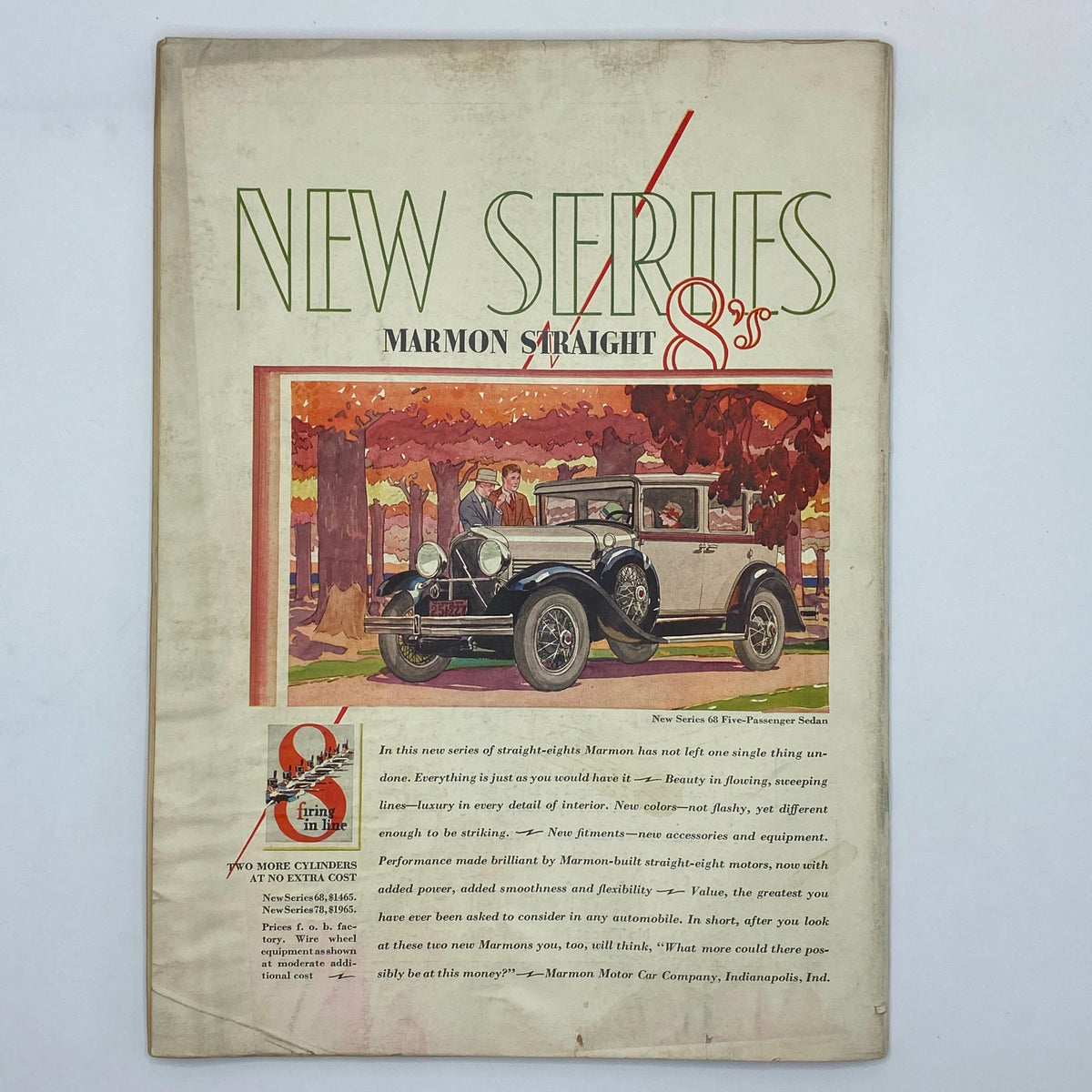 Cover of The New Yorker Complete Magazine October 20, 1928, featuring a vintage Marmon car advertisement with beautiful autumn scenery and art deco design.