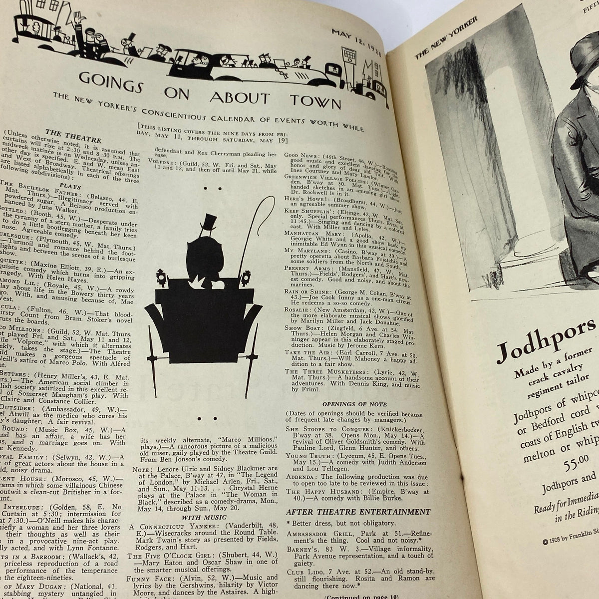 Interior page from The New Yorker Complete Magazine May 12, 1928, featuring 'Goings on About Town' with listings for theater and events, showcasing early 20th-century journalism.