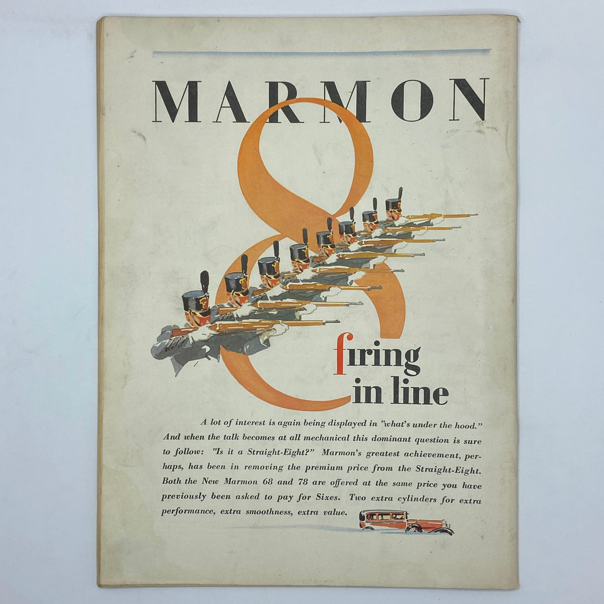 Advertisement page from The New Yorker Complete Magazine August 25, 1928 for Marmon cars featuring bold typography and illustrations showcasing the automobile.