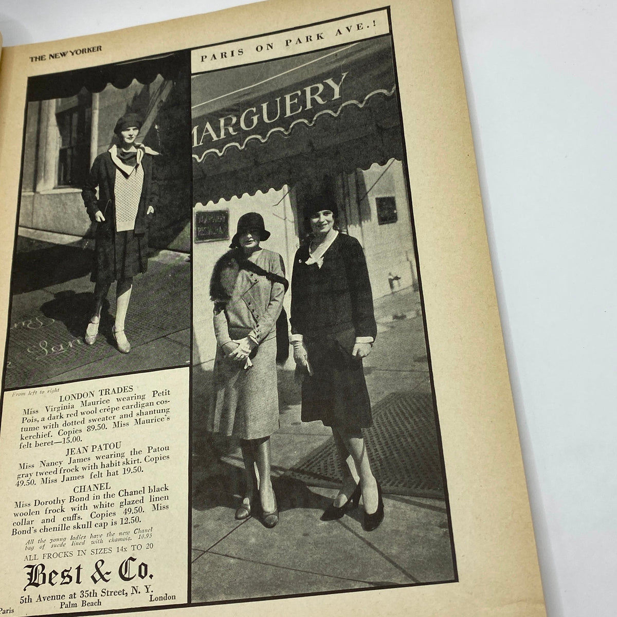 Paris on Park Avenue fashion segment from The New Yorker Complete Magazine September 22, 1928, showcasing stylish women in 1920s attire outside a boutique.