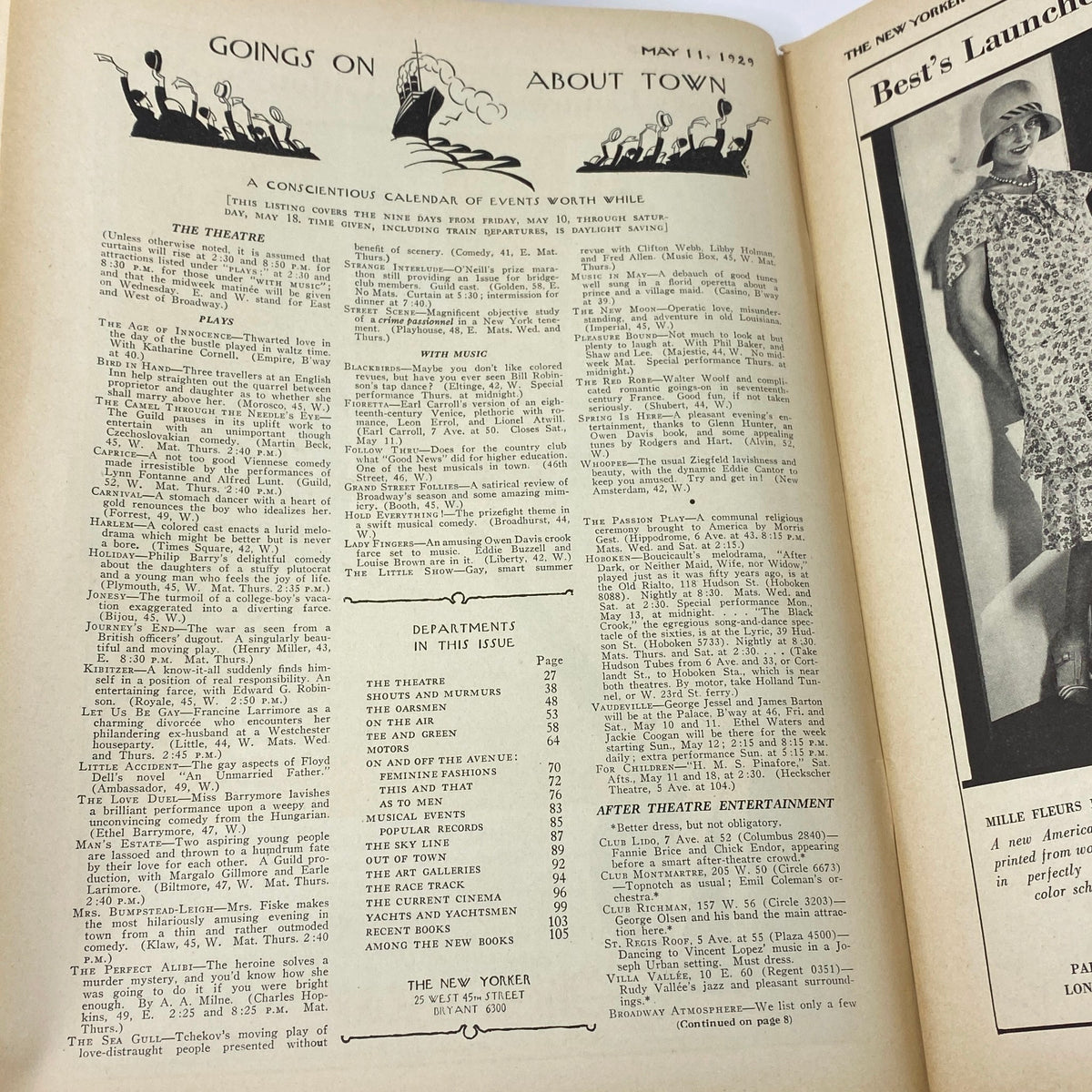Interior page of The New Yorker magazine from May 11, 1929, featuring a calendar of events and advertisements.