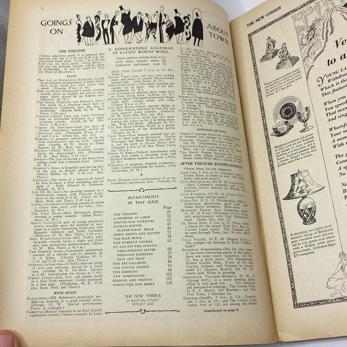 Inside pages of The New Yorker Complete Magazine April 27, 1929, showcasing a calendar of events and articles related to theatre and entertainment.