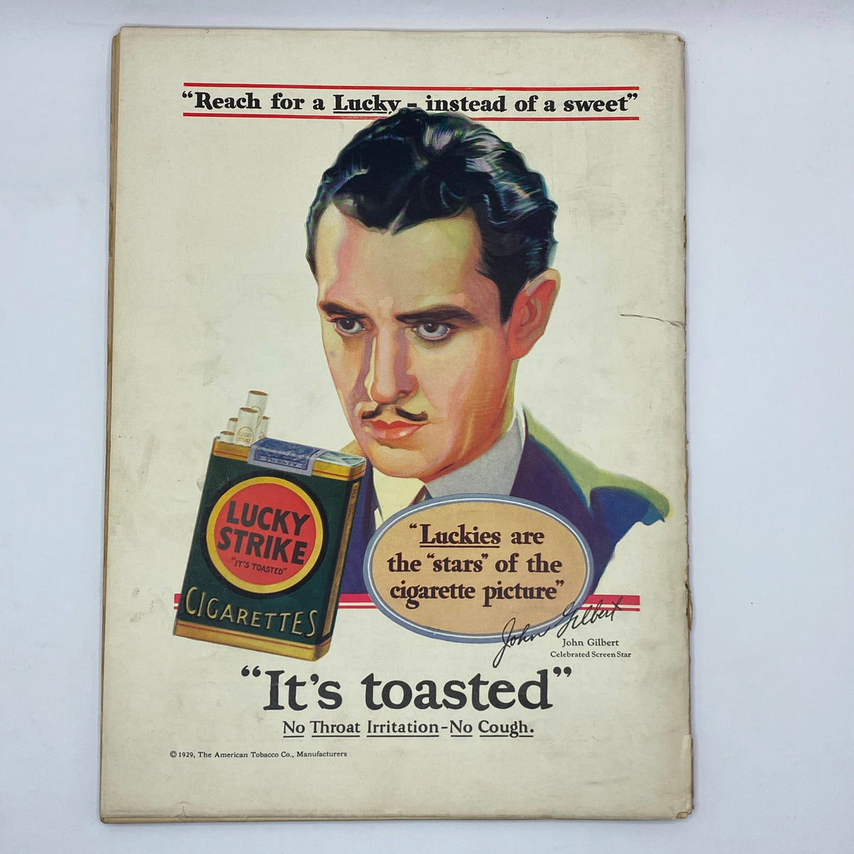 The New Yorker Complete Magazine April 27, 1929 advertisement for Lucky Strike cigarettes featuring actor John Gilbert promoting the slogan 'It's toasted.'