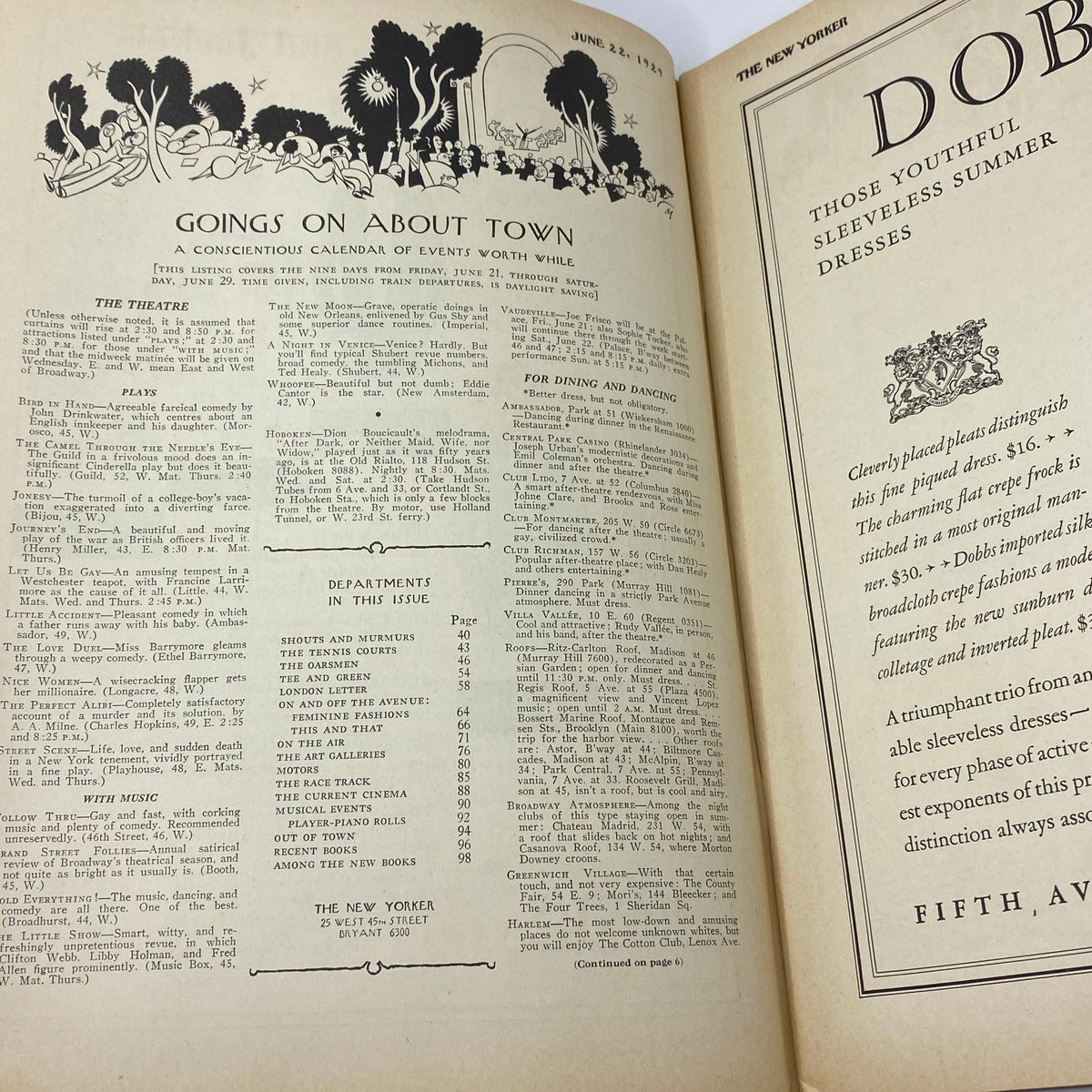 Interior pages of The New Yorker Complete Magazine – June 22, 1929, featuring a calendar of events titled 'Goings On About Town' and advertisements for summer dresses.