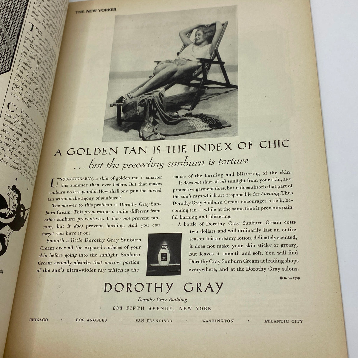 Vintage advertisement from The New Yorker Complete Magazine June 22, 1929 featuring a woman relaxing under the sun, promoting Dorothy Gray sun care products.
