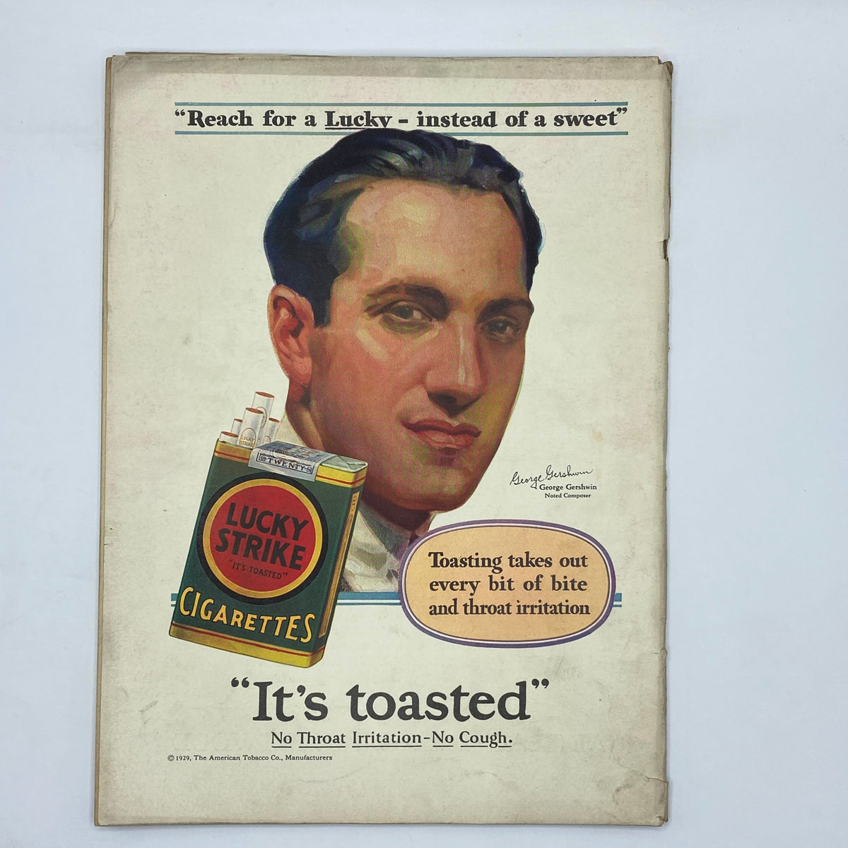 A colorful advertisement for Lucky Strike cigarettes from The New Yorker Complete Magazine June 22, 1929 showcasing a man's portrait with a slogan about toasting and throat irritation.