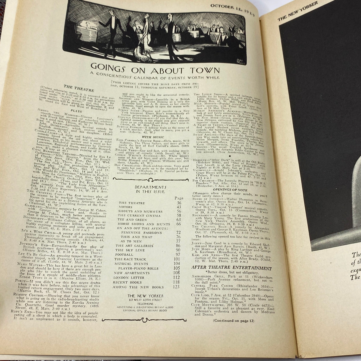 Inside page of The New Yorker Complete Magazine – October 12, 1929 displaying the 'Goings On About Town' section, featuring a calendar of noteworthy events in New York City during the late 1920s.
