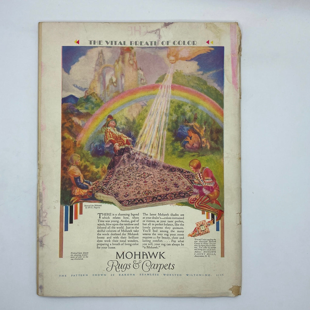 Vintage advertisement featuring a colorful illustration of a rainbow and characters on a rug, from The New Yorker Complete Magazine February 2, 1929 Sue Williams Cover.