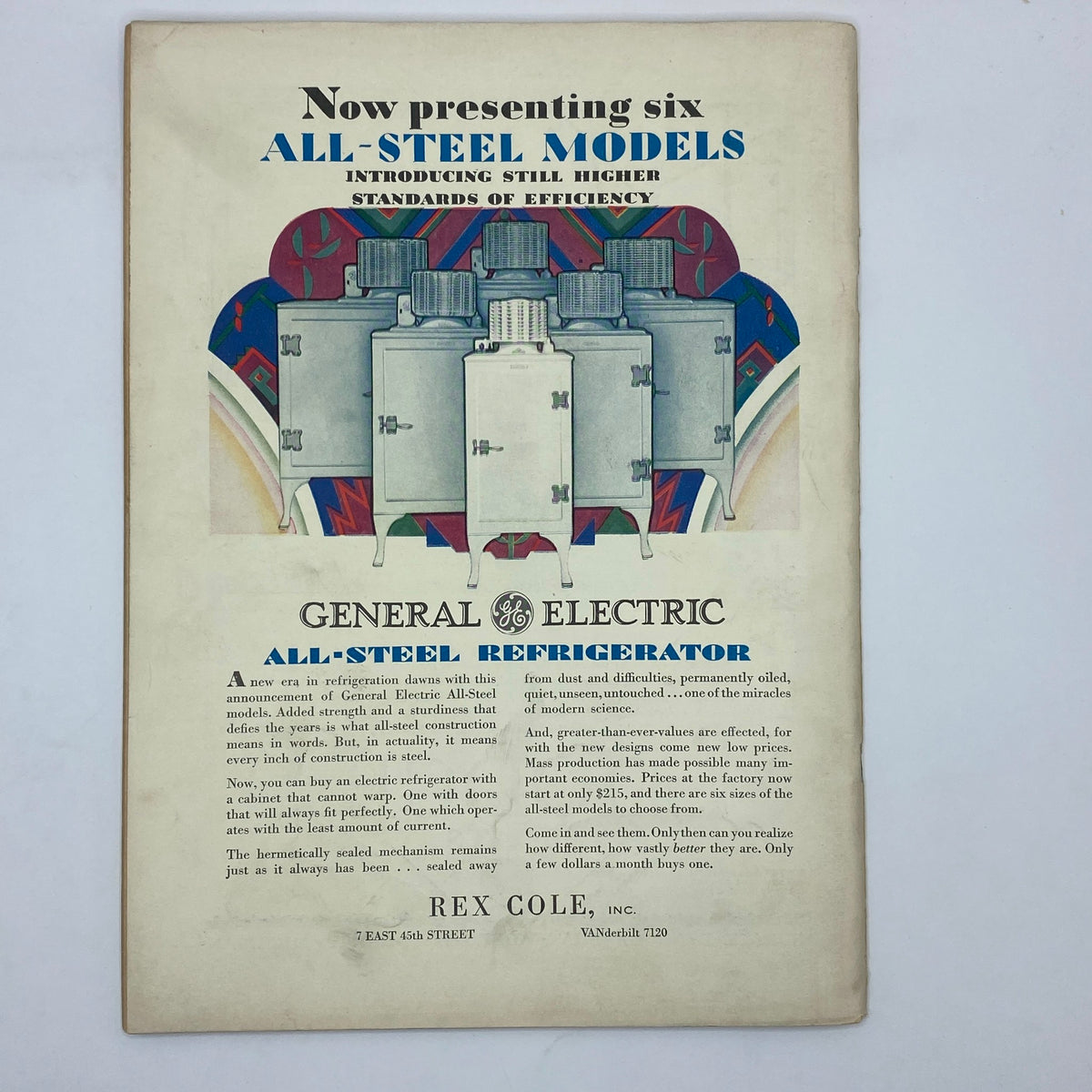 Advertisement from The New Yorker magazine May 4, 1929, featuring a promotional poster for General Electric's all-steel refrigerator models.
