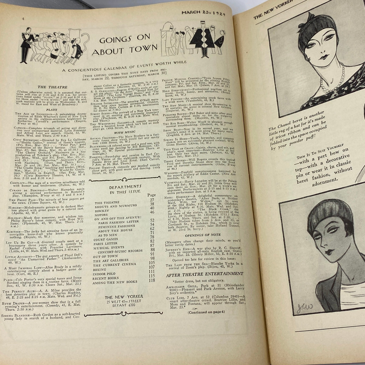 Interior page spread of The New Yorker Complete Magazine March 23, 1929 showcasing the calendar of events and cultural commentary.