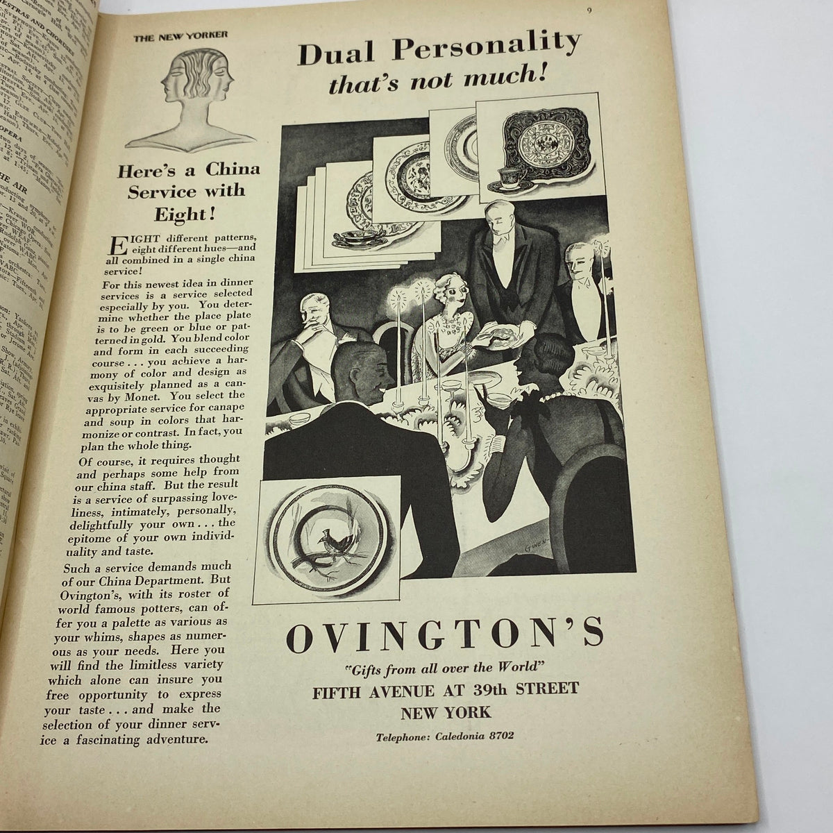 Advertisement page from The New Yorker Complete Magazine April 13, 1929 showcasing a china service with the caption 'Dual Personality that's not much!'