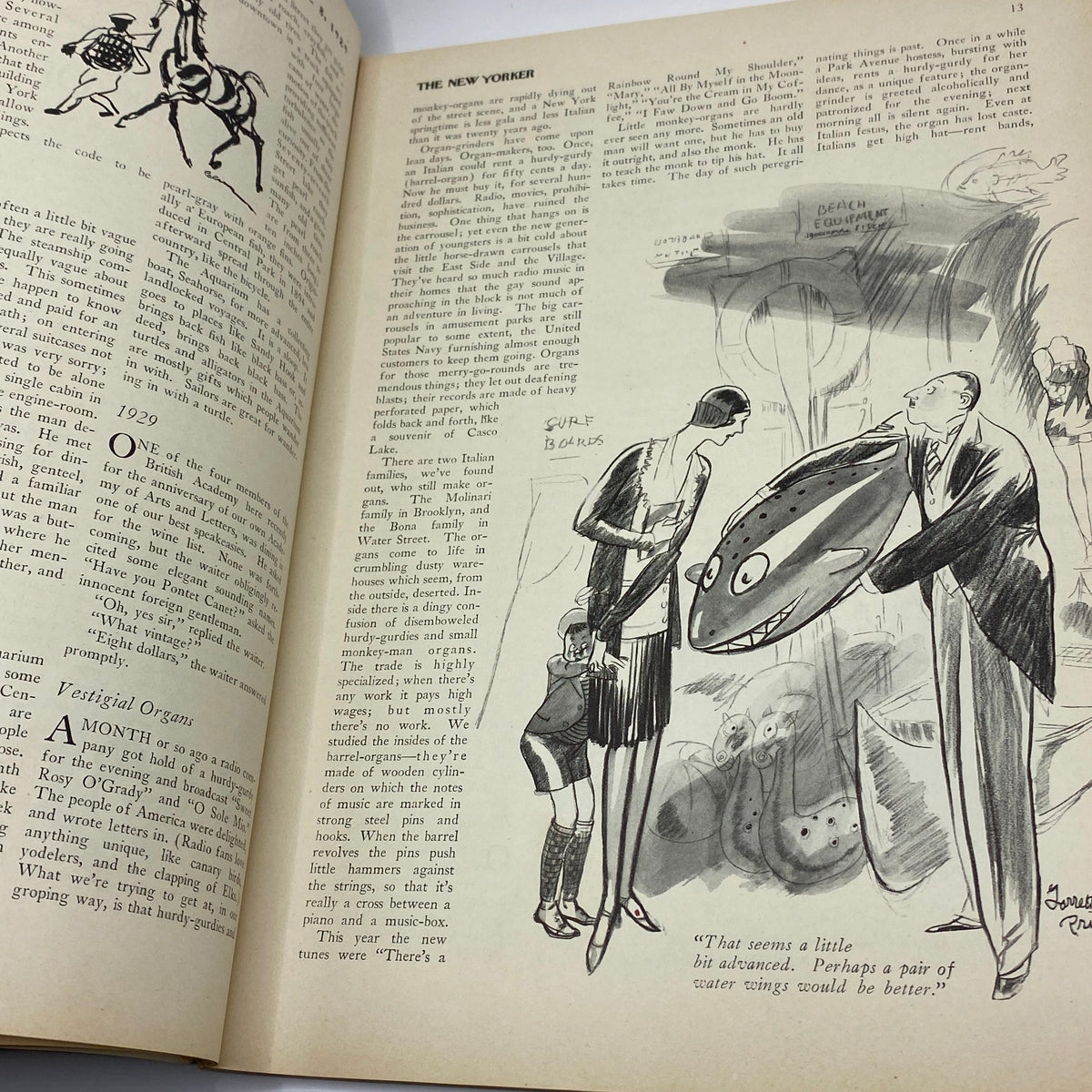 Interior page of The New Yorker Magazine from June 8, 1929 featuring illustrations and text contributions, showcasing vintage design and literary content.