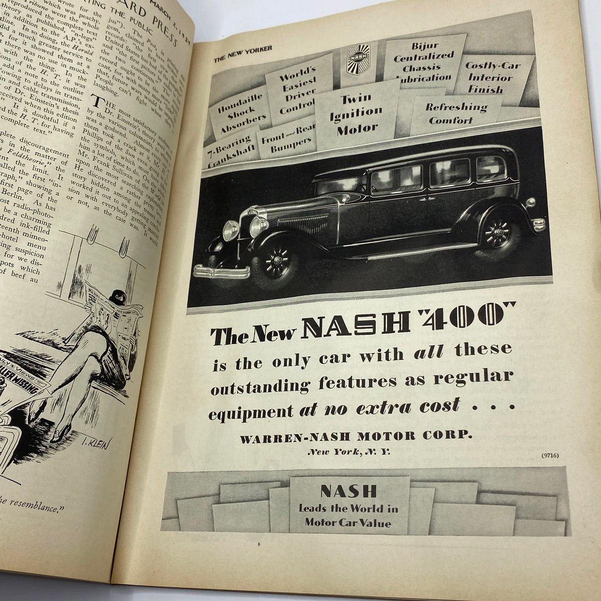Advertisment page from The New Yorker Complete Magazine March 2, 1929 featuring the Nash 400 car advertisement, highlighting its features and reflecting automotive marketing of the period.