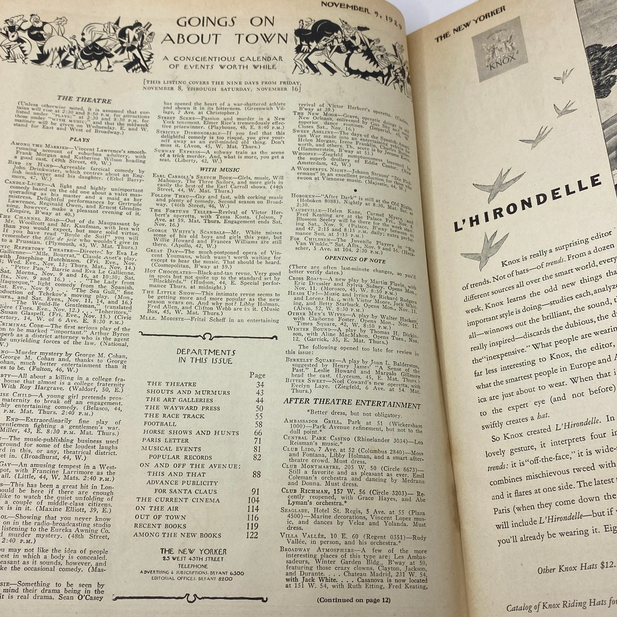 Inside page of The New Yorker Complete Magazine – November 9, 1929, displaying the 'Goings On About Town' section with a layout of events, articles, and cultural listings.