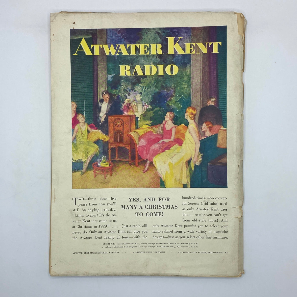 Cover of The New Yorker Magazine December 7, 1929, featuring Atwater Kent Radio advertisement with a cozy domestic scene, reflecting the era's cultural aesthetics.