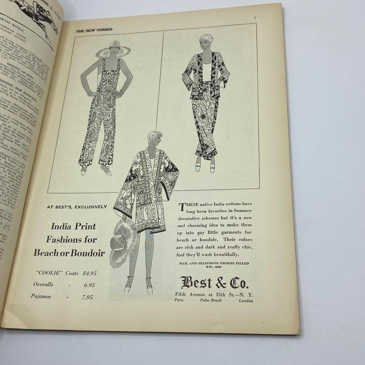 Fashion illustration page from The New Yorker Complete Magazine June 1, 1929 showcasing India Print fashions for beach or boudoir.