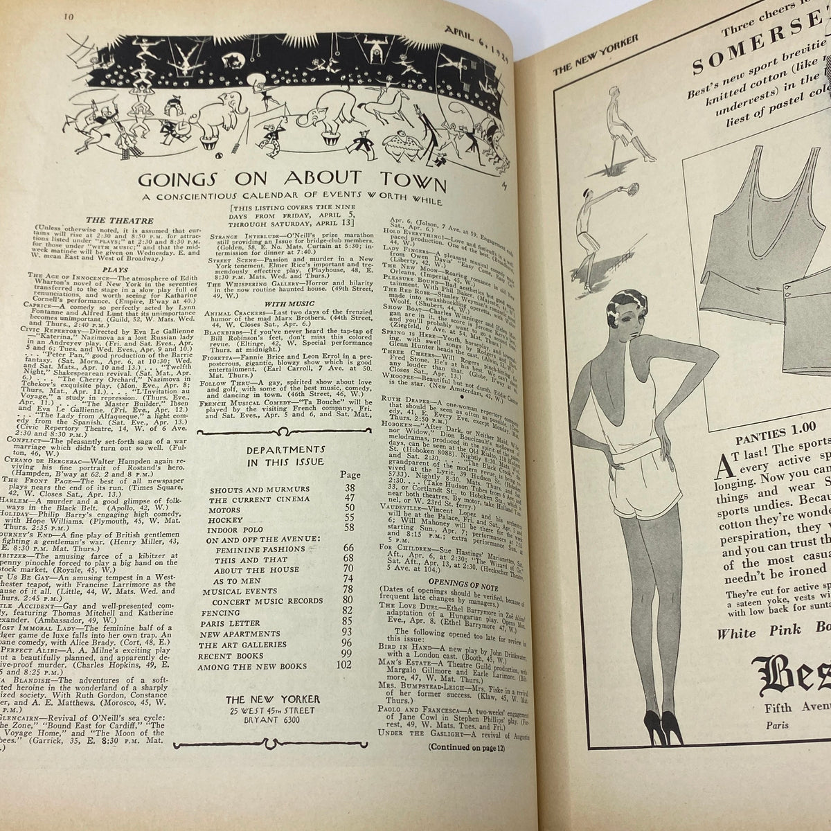 Inner pages of The New Yorker Complete Magazine April 6, 1929 featuring a calendar of events and articles reflective of the time.