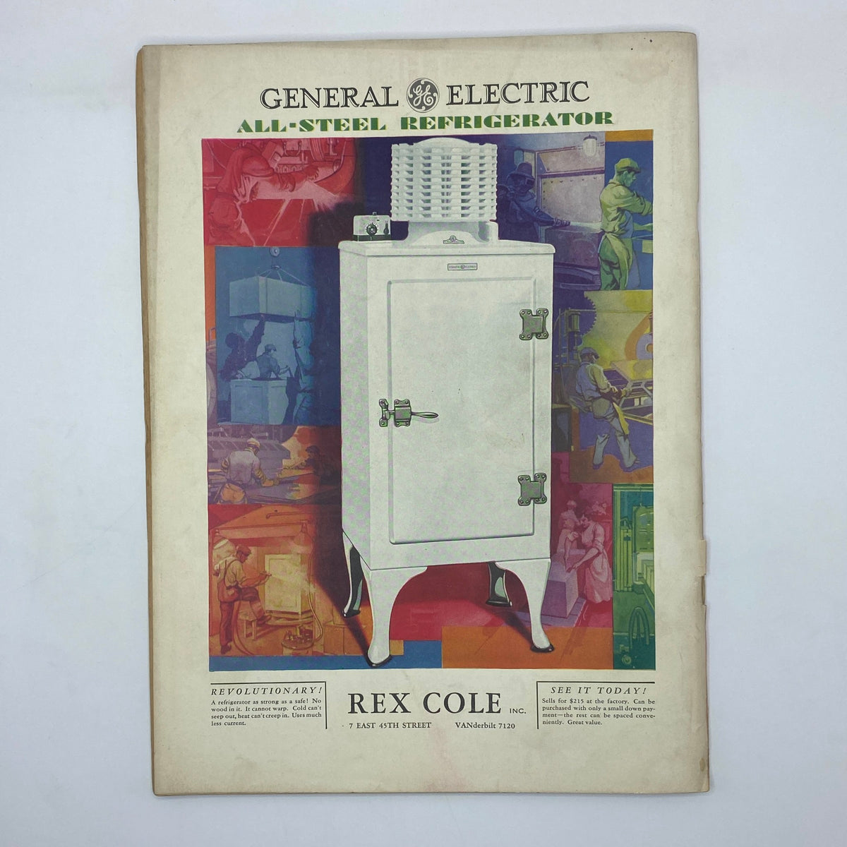 Advertisement for General Electric All-Steel Refrigerator from The New Yorker Complete Magazine April 6, 1929, featuring colorful illustrations.