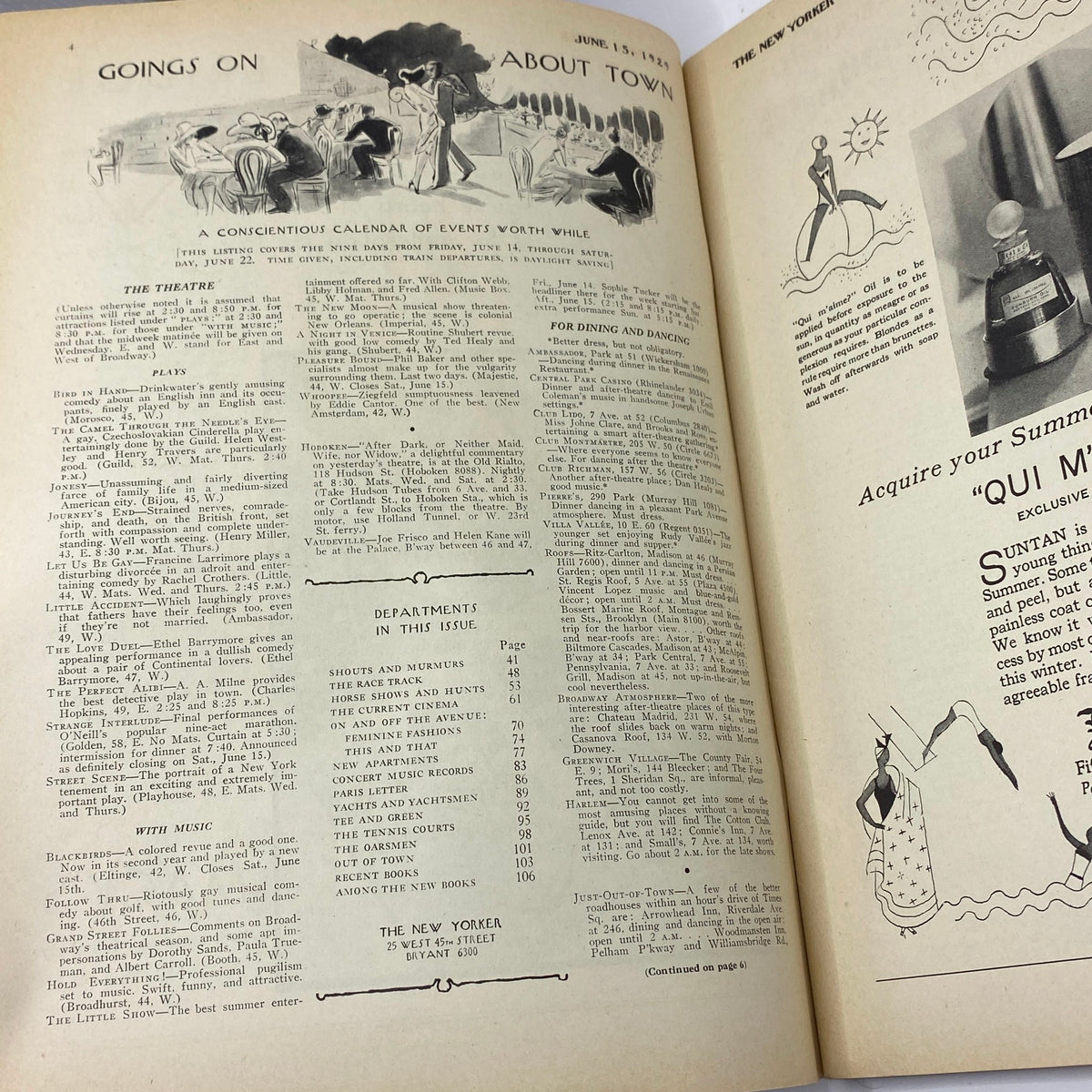 Interior page of The New Yorker magazine from June 15, 1929, featuring a calendar of events called 'Goings On About Town' with illustrations, showcasing cultural activities of the era.