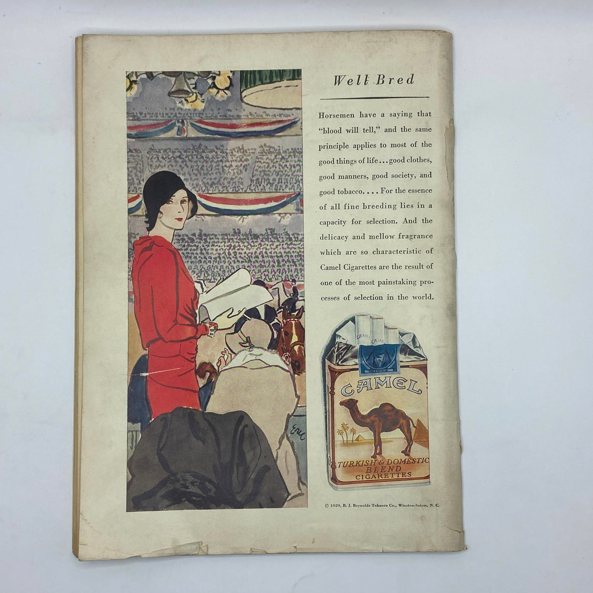 Vintage illustration from The New Yorker Complete Magazine October 5, 1929, depicting a woman in a red coat among a scene with horses and Camel Cigarettes advertisement.