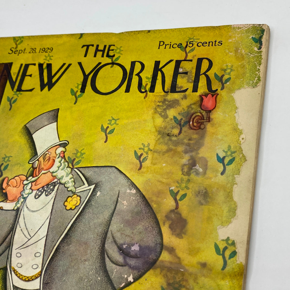 Cover of The New Yorker Complete Magazine September 28, 1929 featuring artwork by Julian De Miskey, showcasing a whimsical character in a suit on a colorful background reflective of the Roaring Twenties.