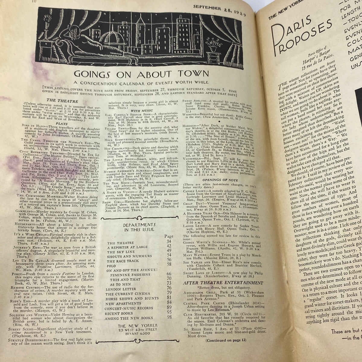 Inside page of The New Yorker Complete Magazine September 28, 1929, featuring the 'Goings On About Town' section with listings and event information.