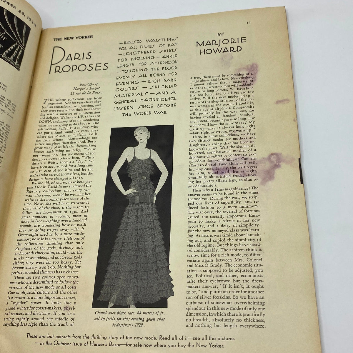 Content page of The New Yorker Complete Magazine September 28, 1929, highlighting the article 'Paris Proposes' with accompanying illustrations.