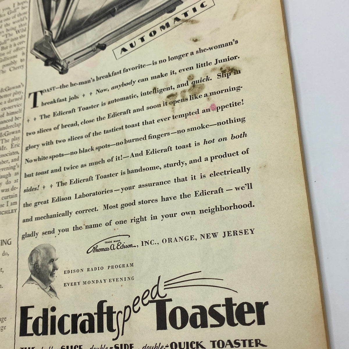 Advertisement page from The New Yorker Complete Magazine September 28, 1929, featuring the Edicraft speed toaster promotion.
