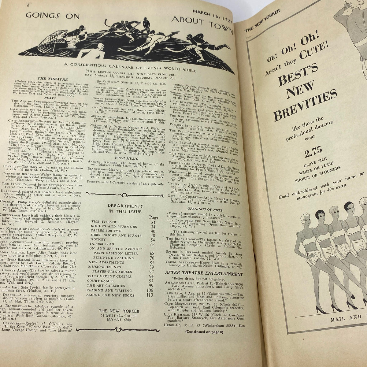 Inside page of The New Yorker magazine from March 16, 1929, displaying a calendar of events under the title 'Goings On About Town'.