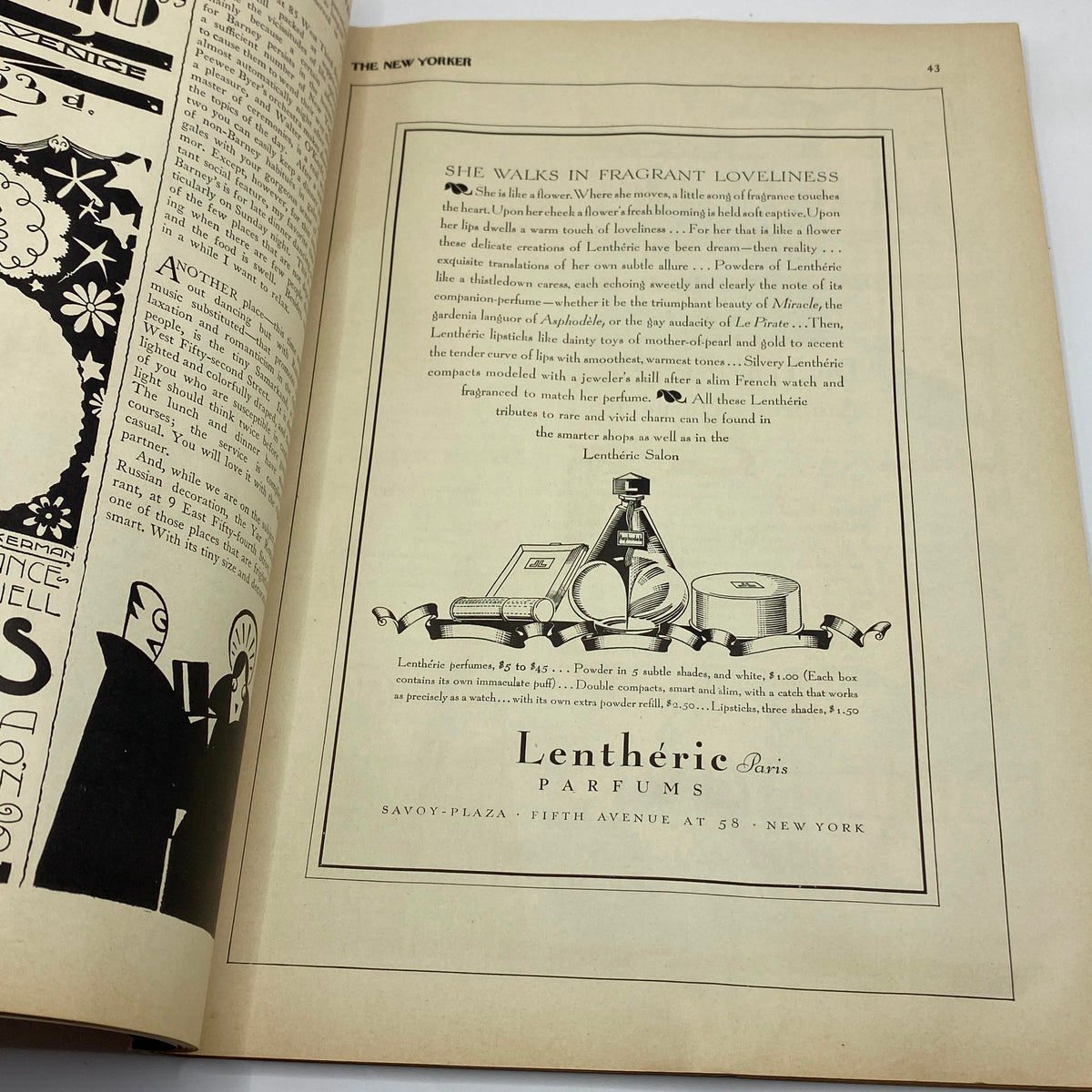 An advertising page from The New Yorker magazine, March 16, 1929, promoting Lentheric Parfums with an elegant perfume display.