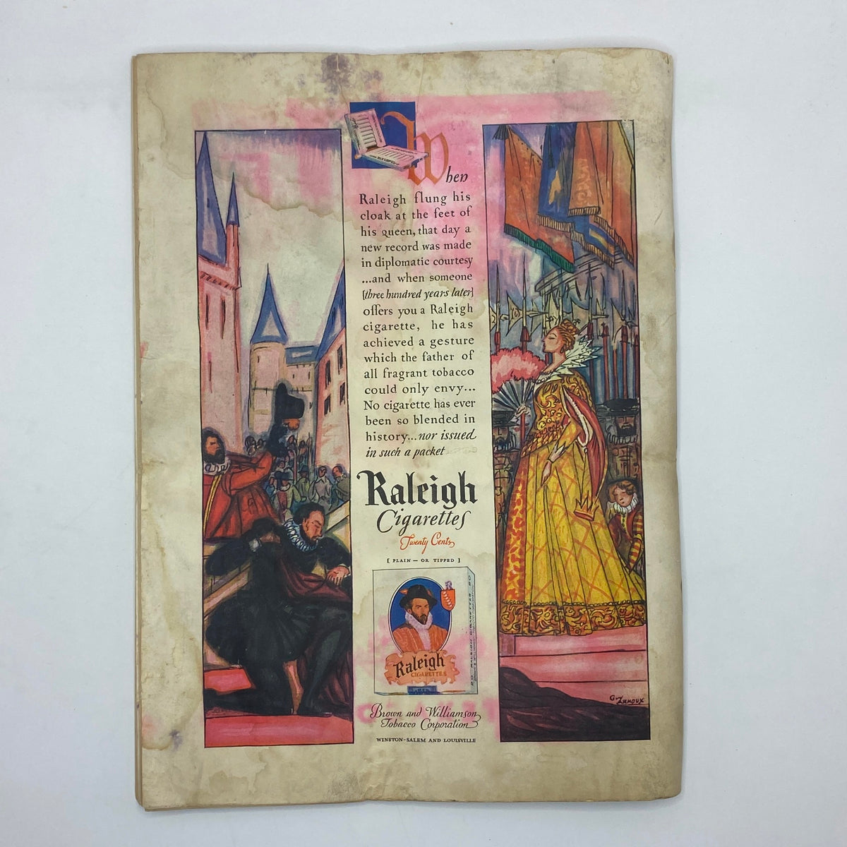 Advertisement page in The New Yorker Complete Magazine from March 16, 1929, highlighting Raleigh Cigarettes with artistic illustrations.
