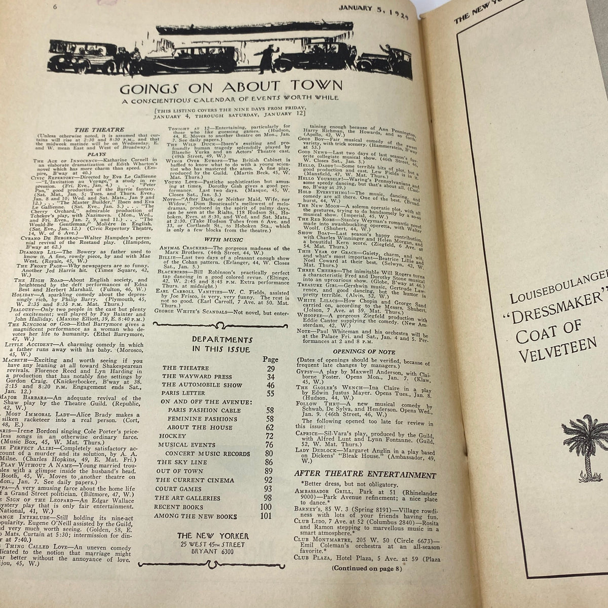 Inside page of The New Yorker magazine January 5, 1929, featuring a calendar of events and listings related to theatre.