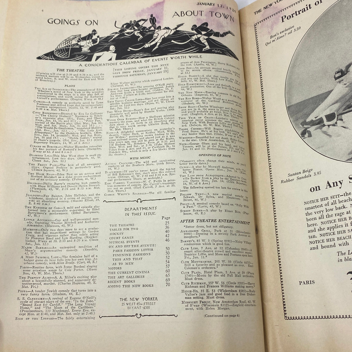 Interior page of The New Yorker Complete Magazine January 12, 1929 featuring calendar of events and listings.