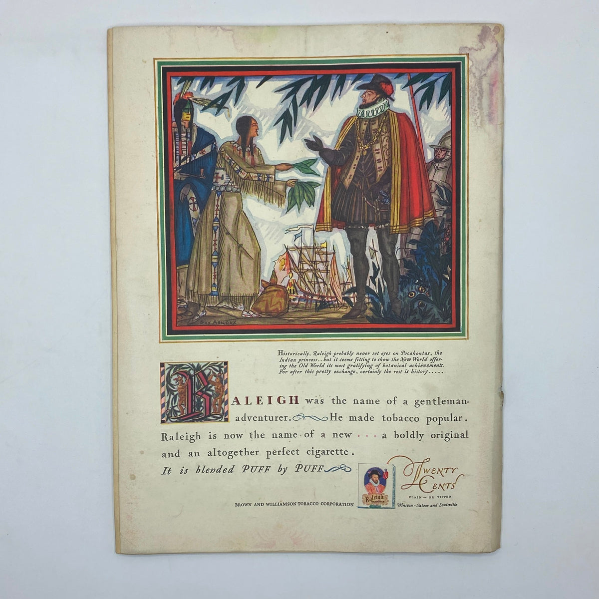 Back cover of The New Yorker Complete Magazine January 12, 1929 showcasing an artistic depiction related to Raleigh tobacco.