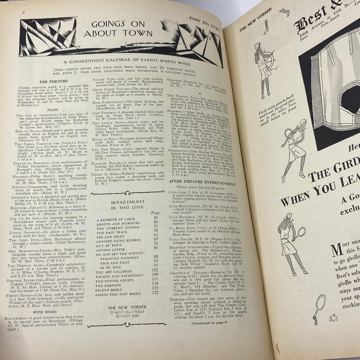Inside page of The New Yorker Complete Magazine May 25, 1929, featuring a calendar of events and plays, capturing the cultural essence of the era.