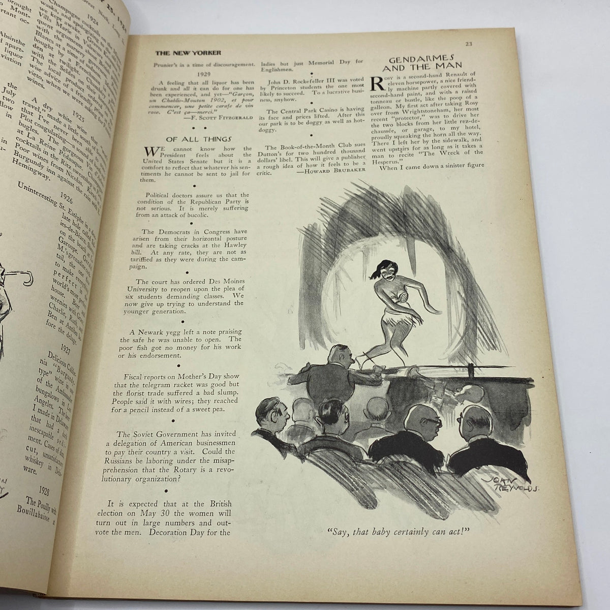 Inside page of The New Yorker Complete Magazine May 25, 1929, showcasing a political cartoon and humorous commentary, reflecting the magazine's editorial style.