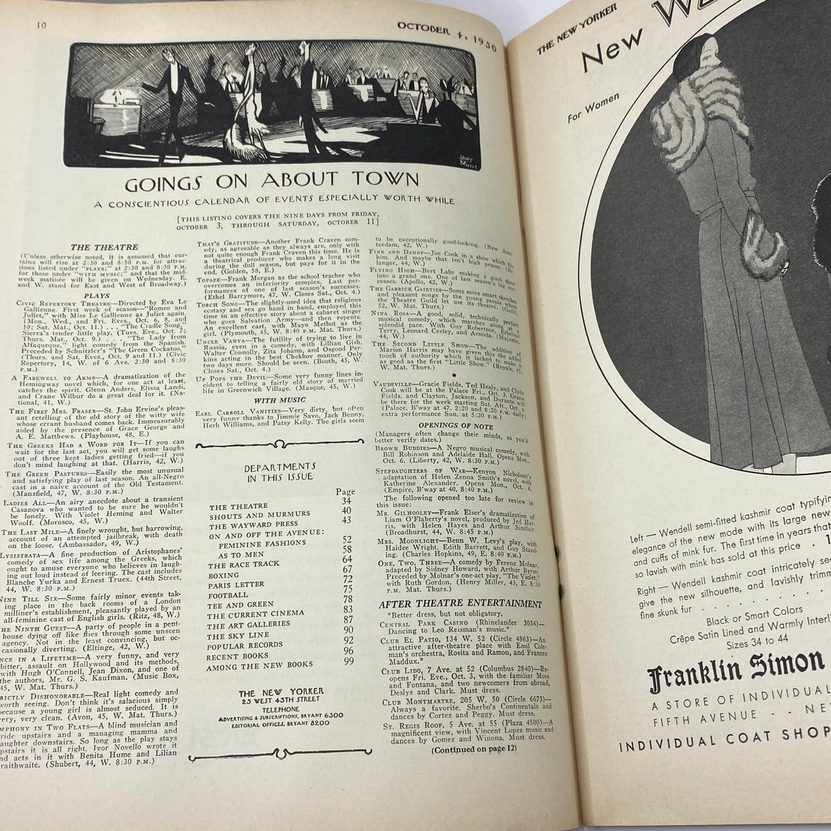 Interior page of The New Yorker Complete Magazine October 4, 1930 featuring 'Goings On About Town' calendar and events section, showcasing cultural landscape of the era.