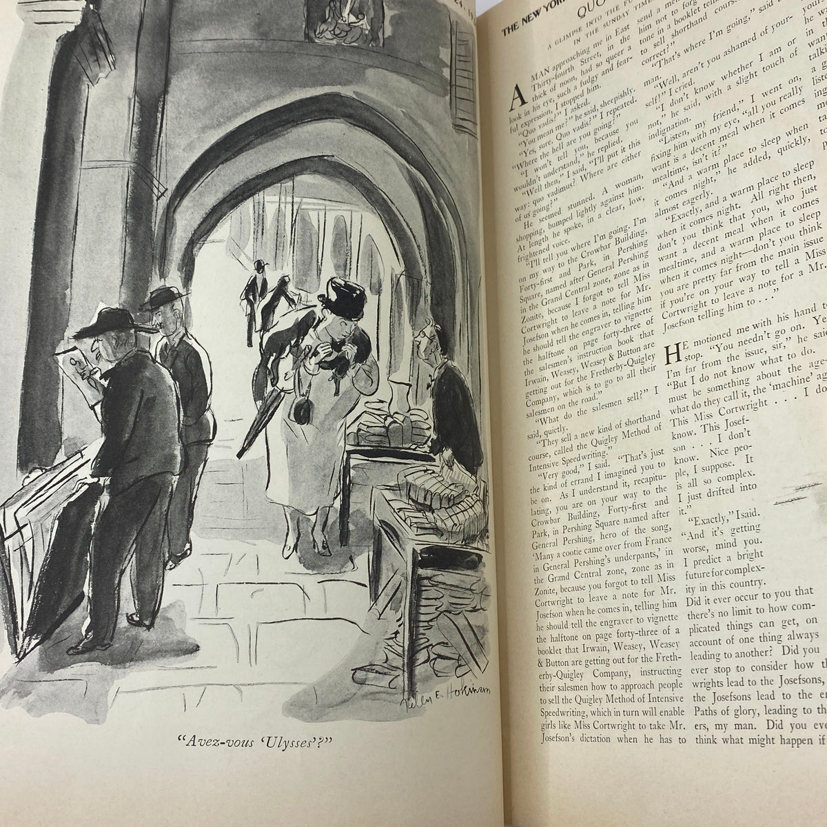 An illustrated page from The New Yorker Complete Magazine May 24, 1930 depicting a scene with characters engaging in book browsing, highlighting the magazine's artistic style.
