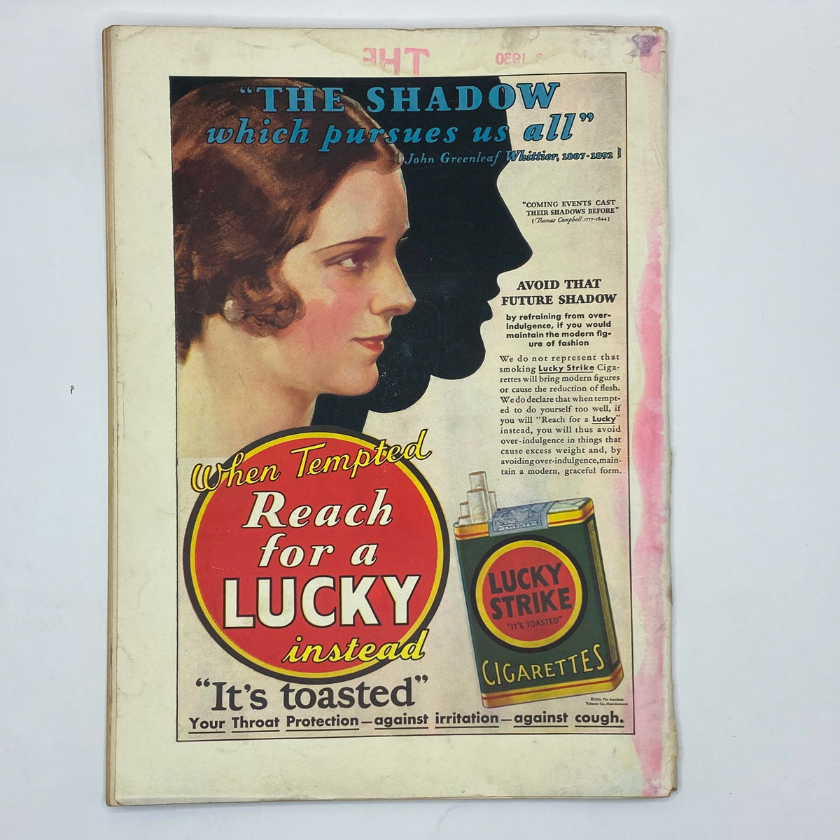 An advertisement page from The New Yorker Complete Magazine May 24, 1930 featuring a vintage Lucky Strike cigarette ad, displaying classic design elements and distinct branding.