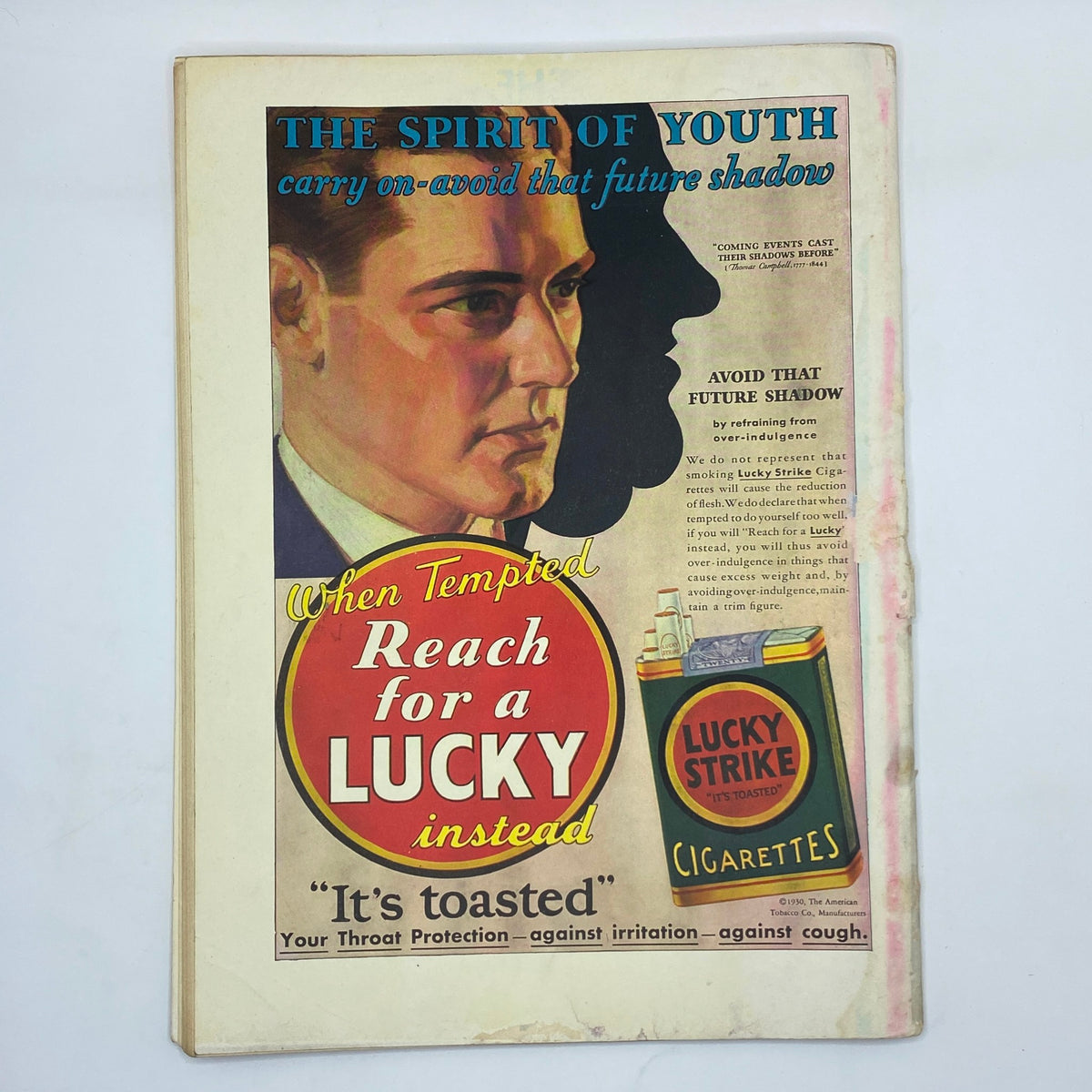 Advertisement from The New Yorker Complete Magazine June 21, 1930 promoting Lucky Strike cigarettes with a striking visual of a man and text emphasizing 'Avoid that future shadow'.