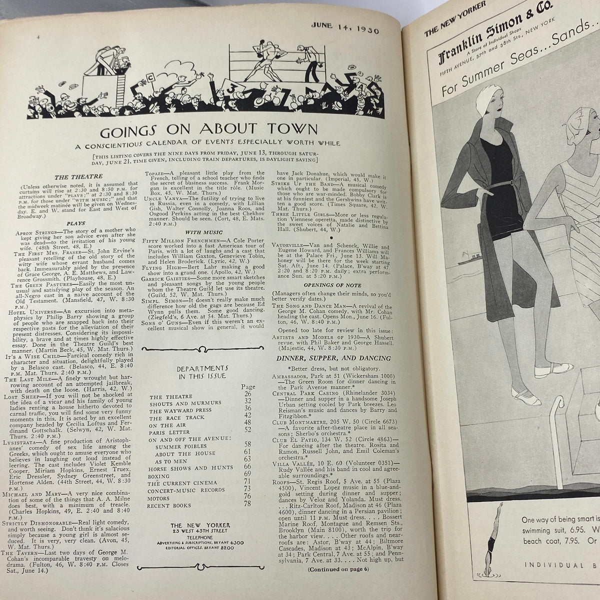 Interior page from The New Yorker magazine, June 14, 1930, featuring events calendar and illustrations. The content highlights plays, music, and dining options from the era.