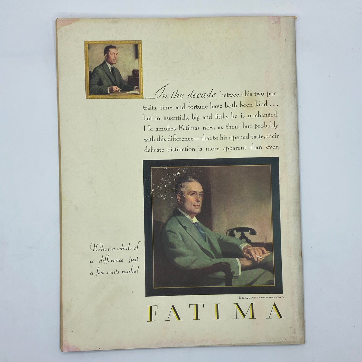 Back cover of The New Yorker Complete Magazine June 7, 1930, featuring an advertisement for Fatima cigarettes with a portrait of a distinguished gentleman.