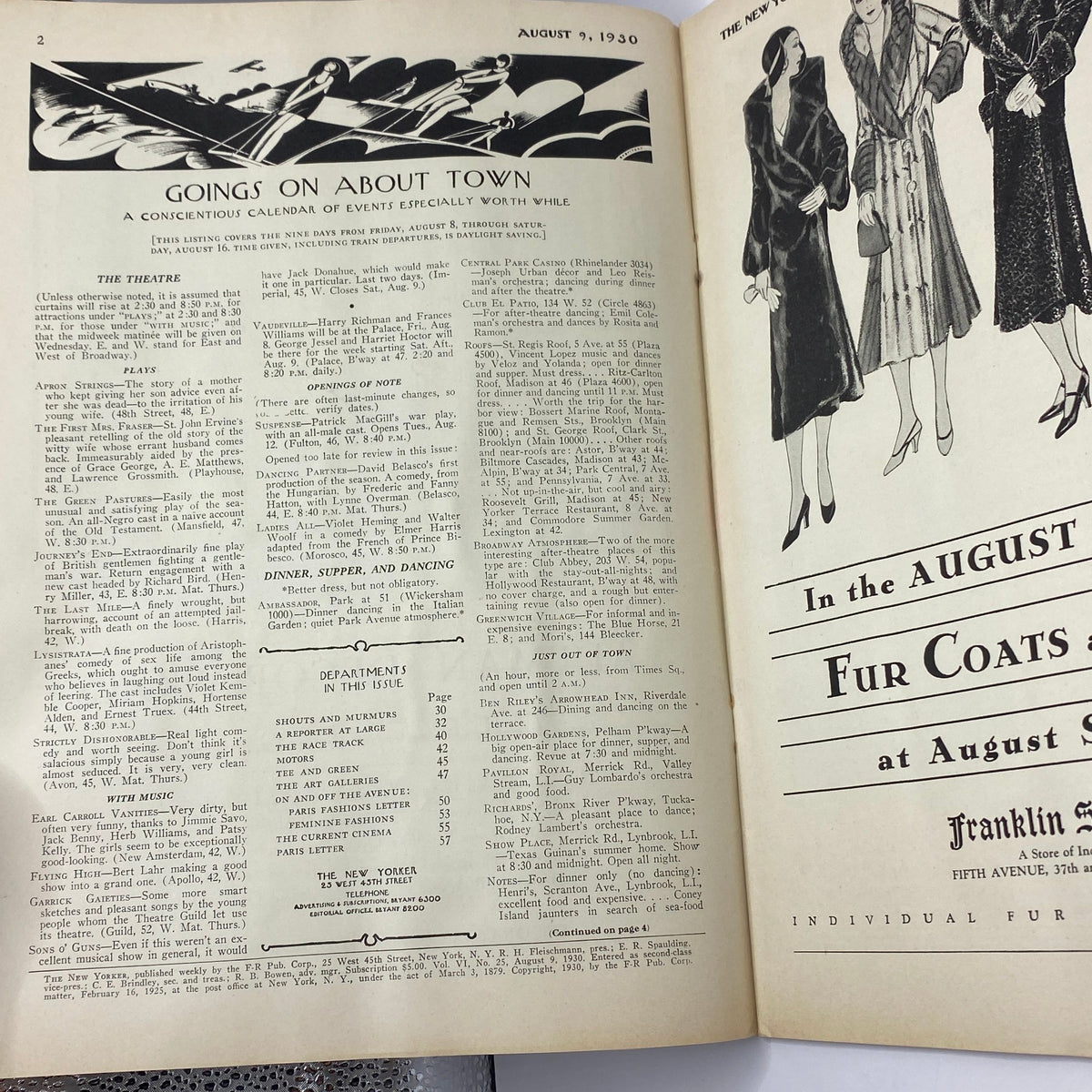 Inside page of The New Yorker Complete Magazine August 9, 1930 showcasing a cultural calendar of events, including theater information and department listings.