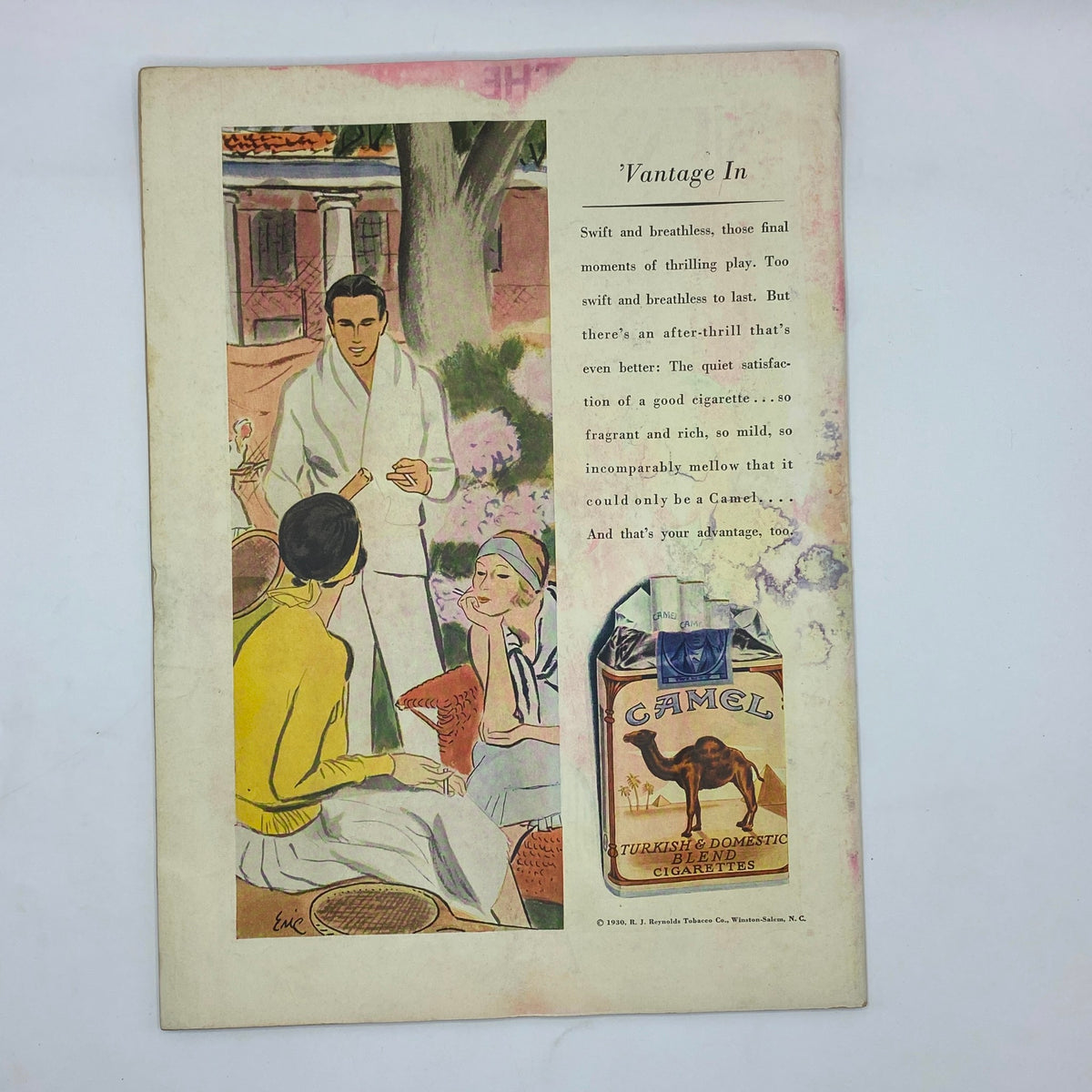 Back cover of The New Yorker Complete Magazine August 9, 1930 featuring an artistic illustration promoting Camel cigarettes.