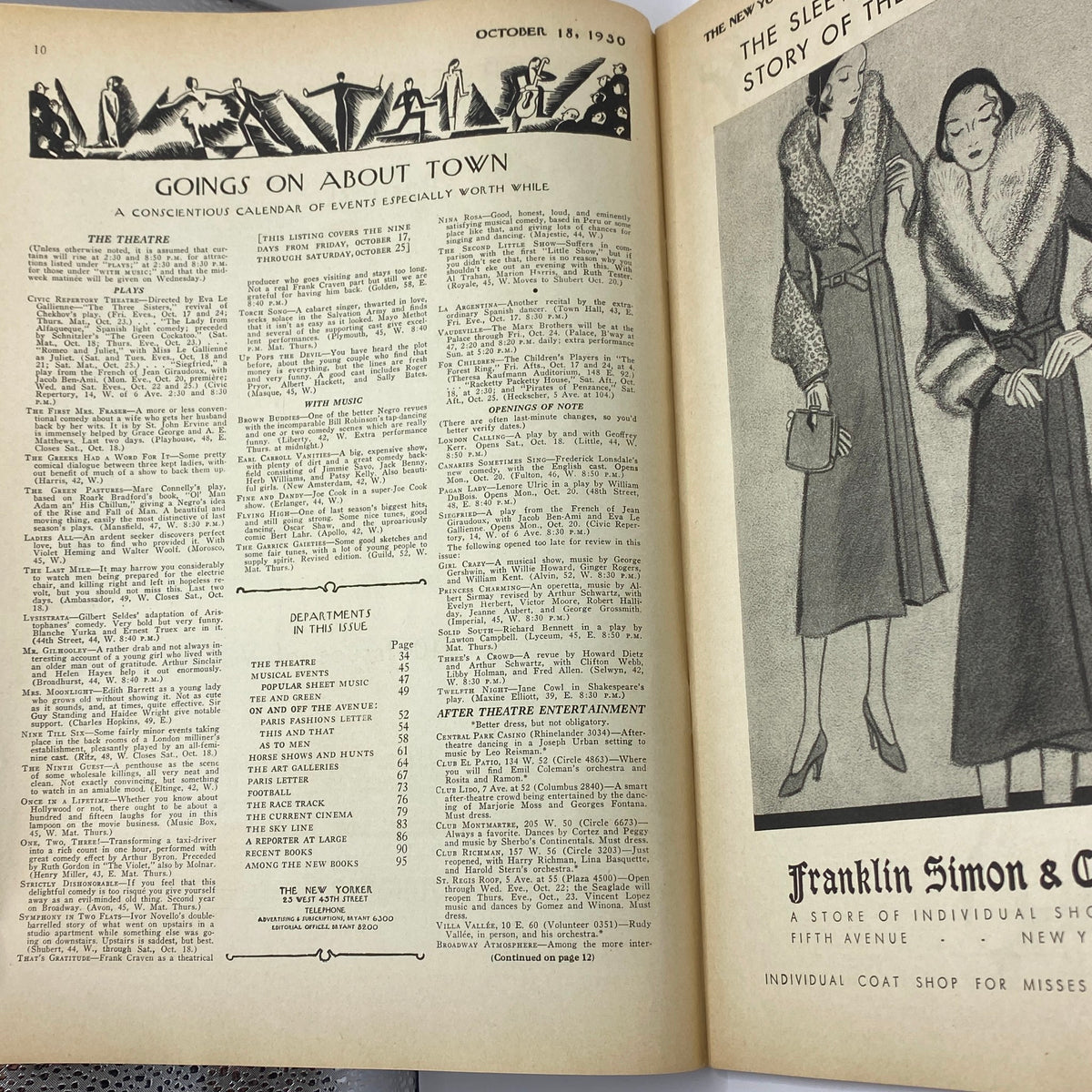 Interior page of The New Yorker Complete Magazine October 18, 1930 featuring calendar of events and entertainment listings.