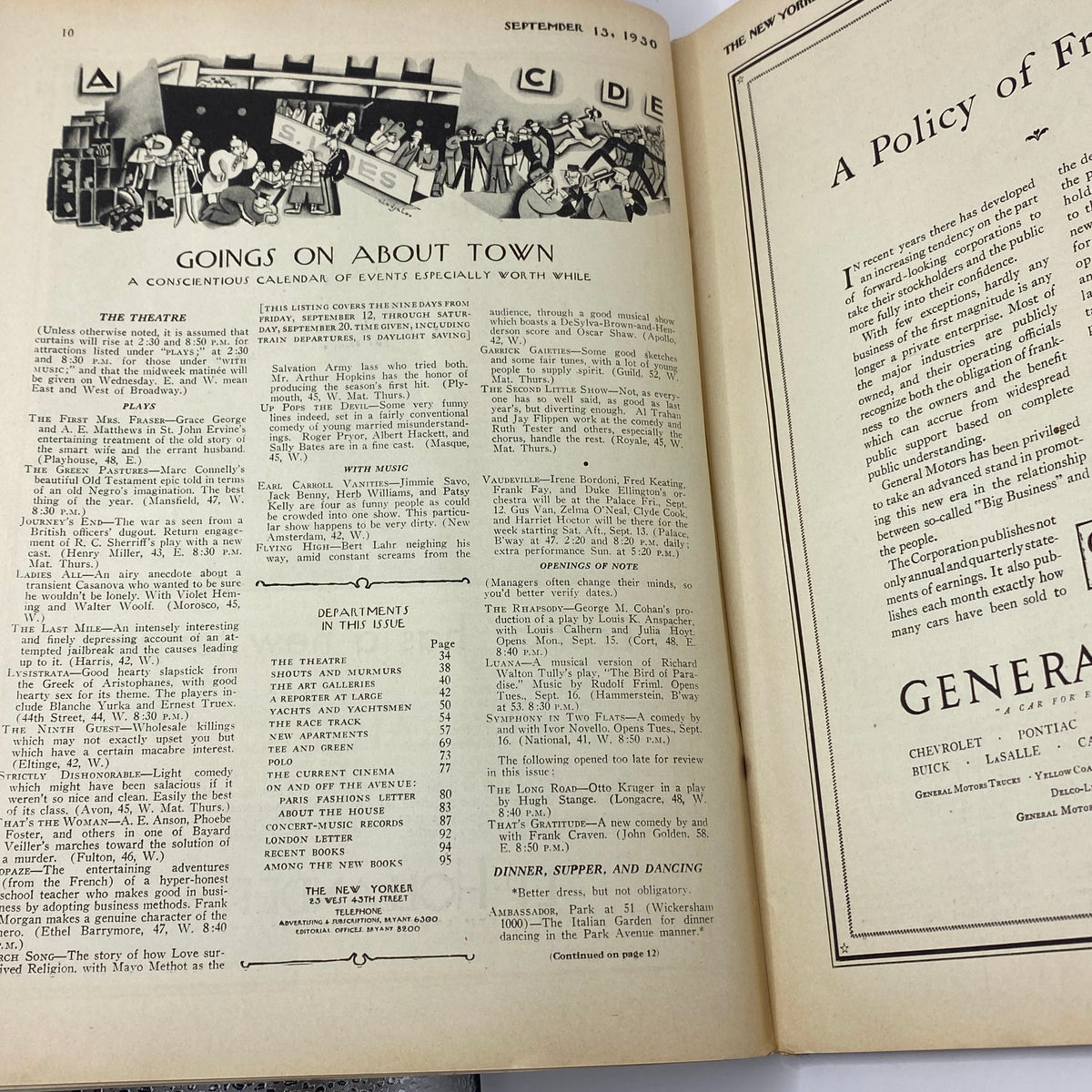 Interior page of The New Yorker Complete Magazine from September 13, 1930, showcasing the 'Goings on About Town' section with event listings and illustrations.