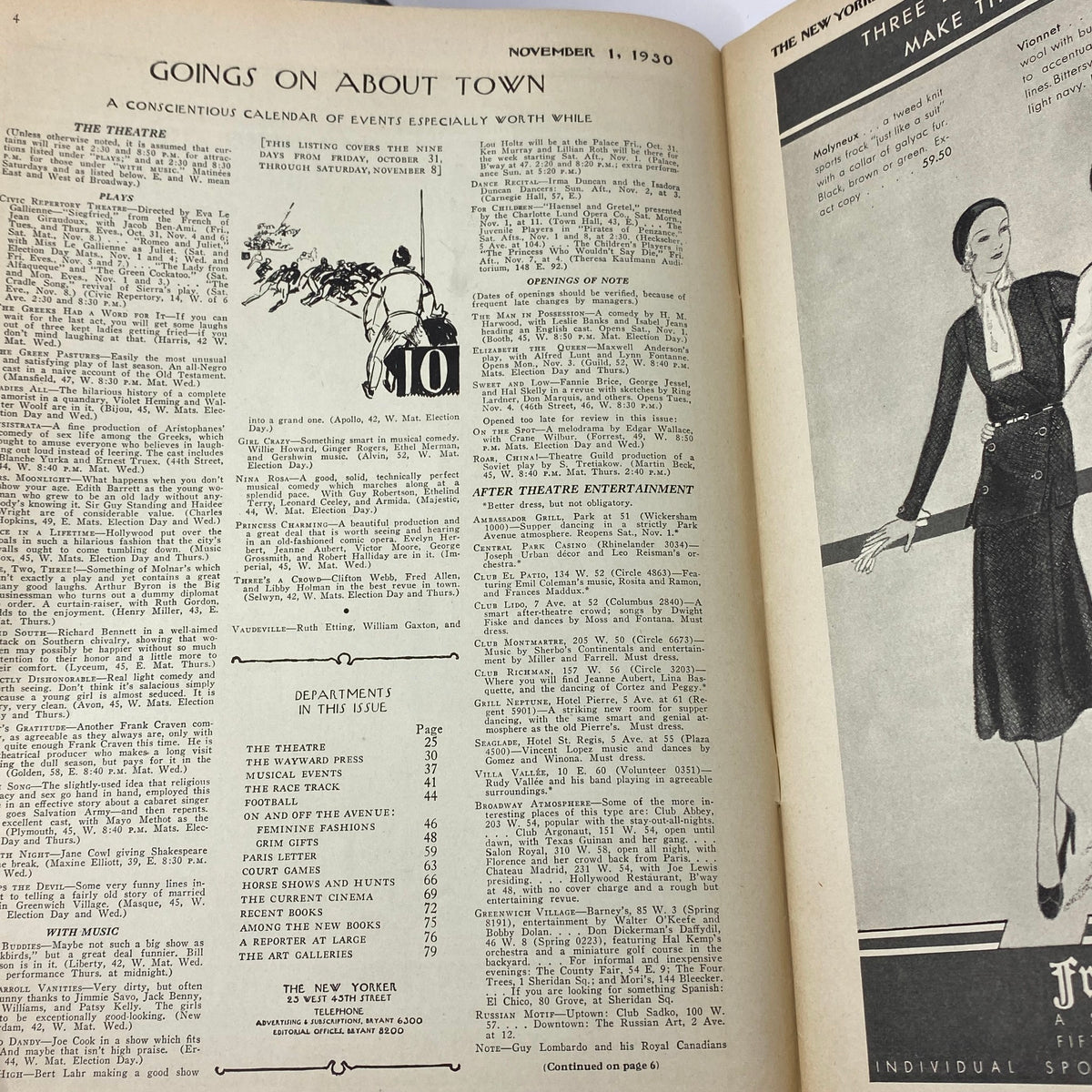 Interior page of The New Yorker magazine from November 1, 1930, featuring a calendar of events and articles, showcasing the unique typography and layout of early 20th-century magazine design.