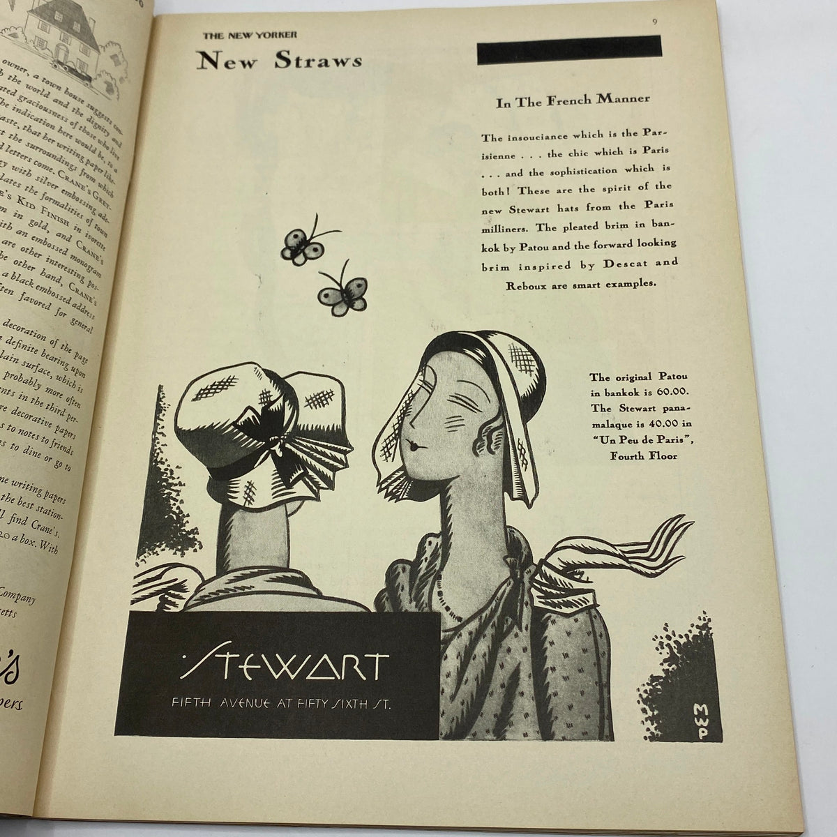 Page titled 'New Straws' from The New Yorker magazine, February 15, 1930, featuring illustrations of fashionable hats and a description of new styles from Parisian milliners.