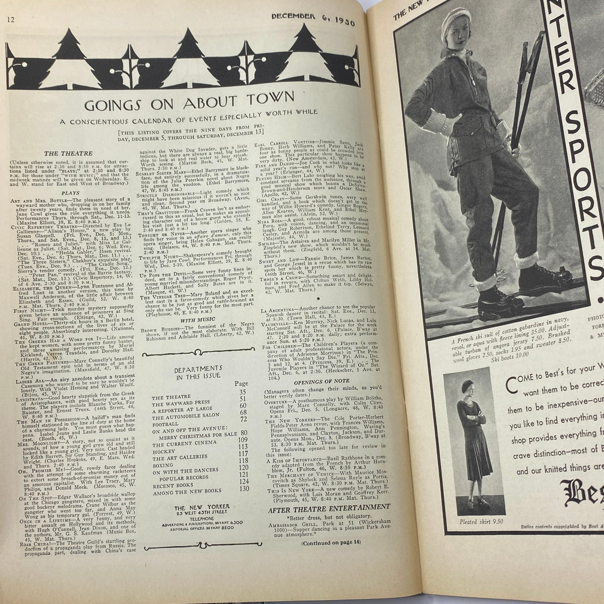 Interior page of The New Yorker magazine from December 6, 1930, featuring a detailed calendar of events titled 'Goings On About Town.' This page highlights cultural opportunities and listings, showcasing the magazine's classic layout.